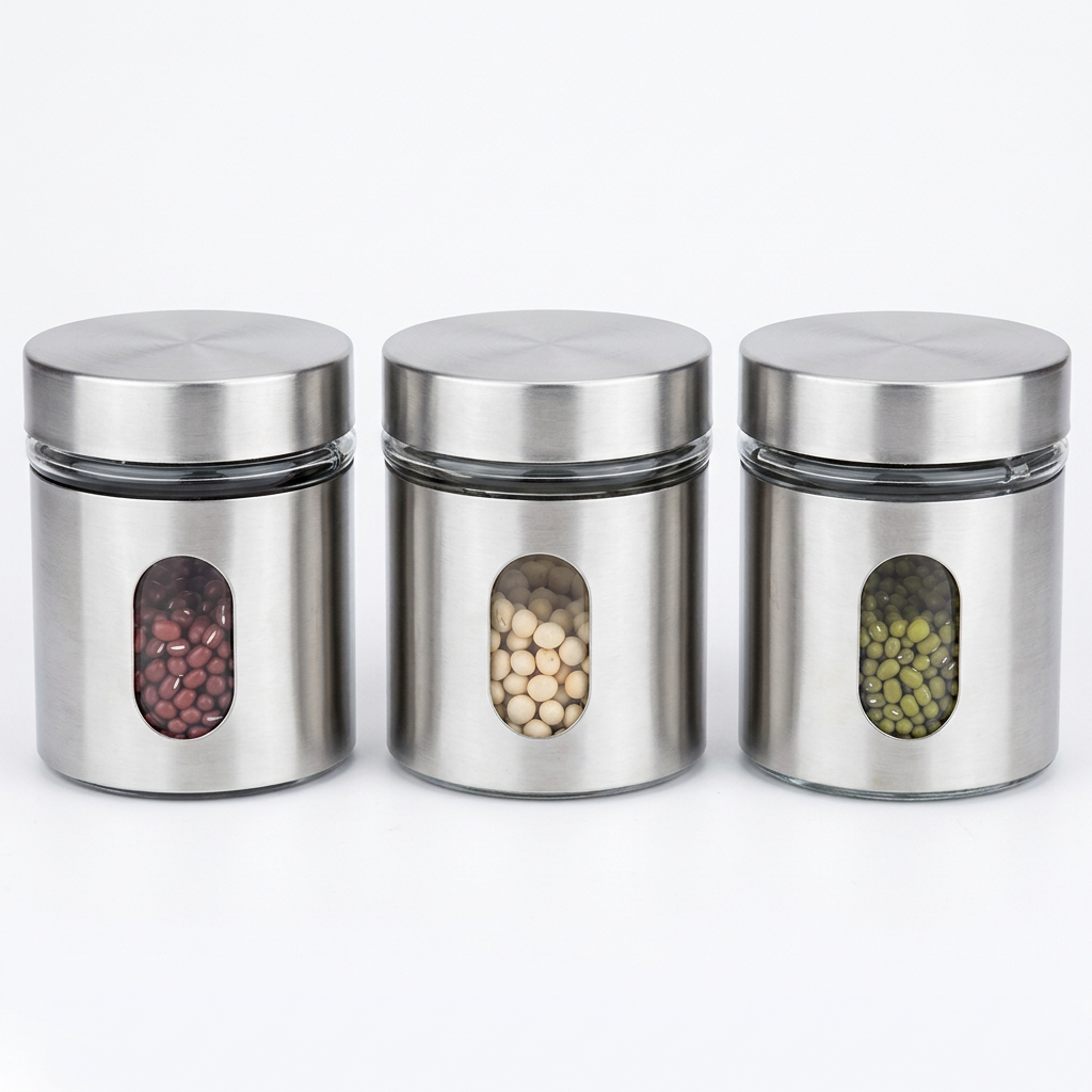 3 Piece Glass Kitchen Canister Set 300ml with Silver Finish