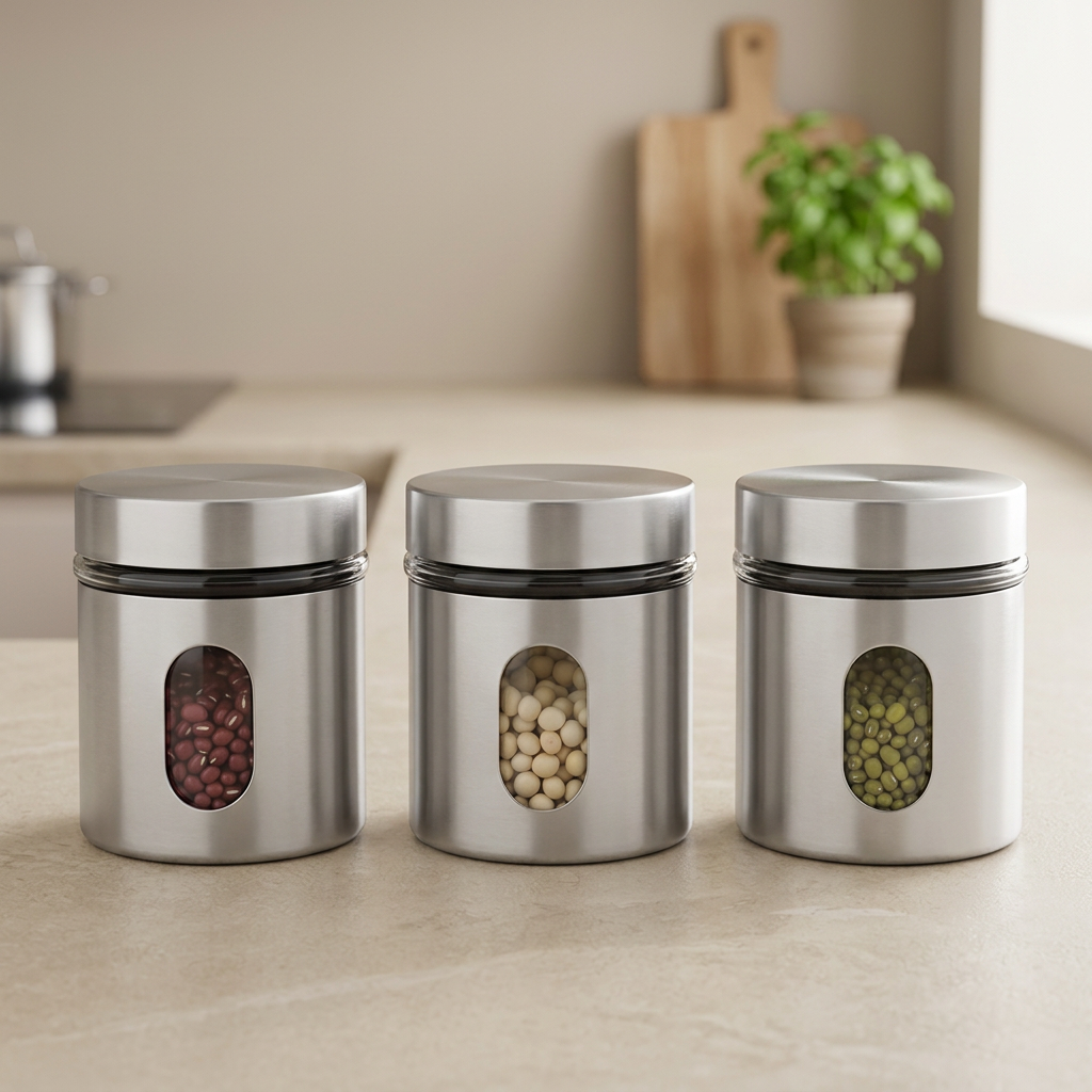 Three stainless steel canisters with oval clear windows displaying red beans, white beans, and green peas, lined up on a beige countertop in a kitchen setting.