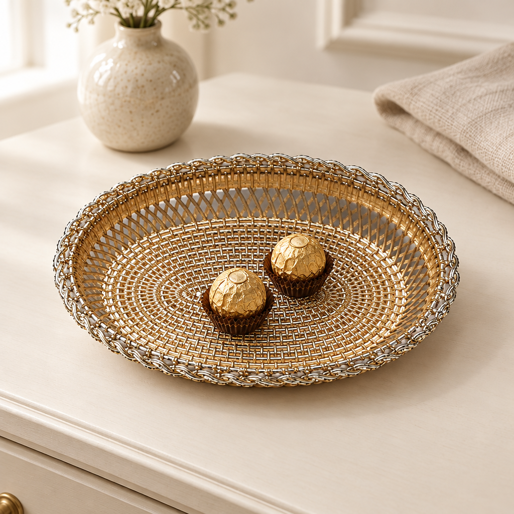 Oval Decorative Tray 20.5cm Gold/Silver Woven Design