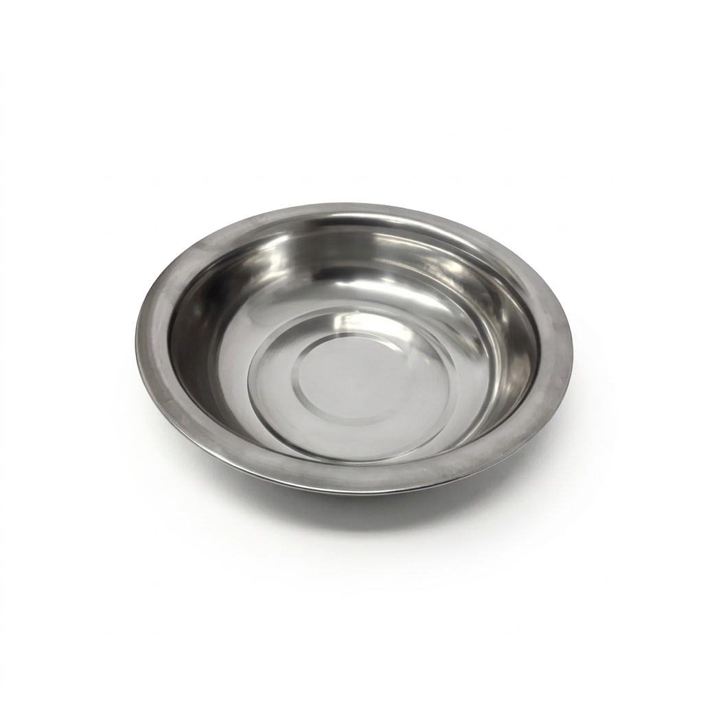 A round stainless steel bowl with a polished metallic finish, photographed from a top-down perspective on a clean white background.