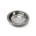 A round stainless steel bowl with a polished metallic finish, photographed from a top-down perspective on a clean white background.