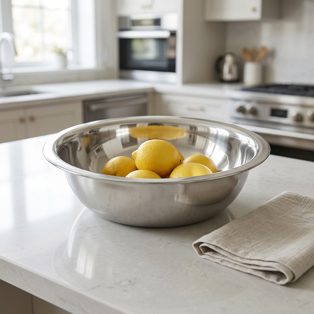 Three stainless steel canisters with oval clear windows displaying red beans, white beans, and green peas, lined up on a beige countertop in a kitchen setting.