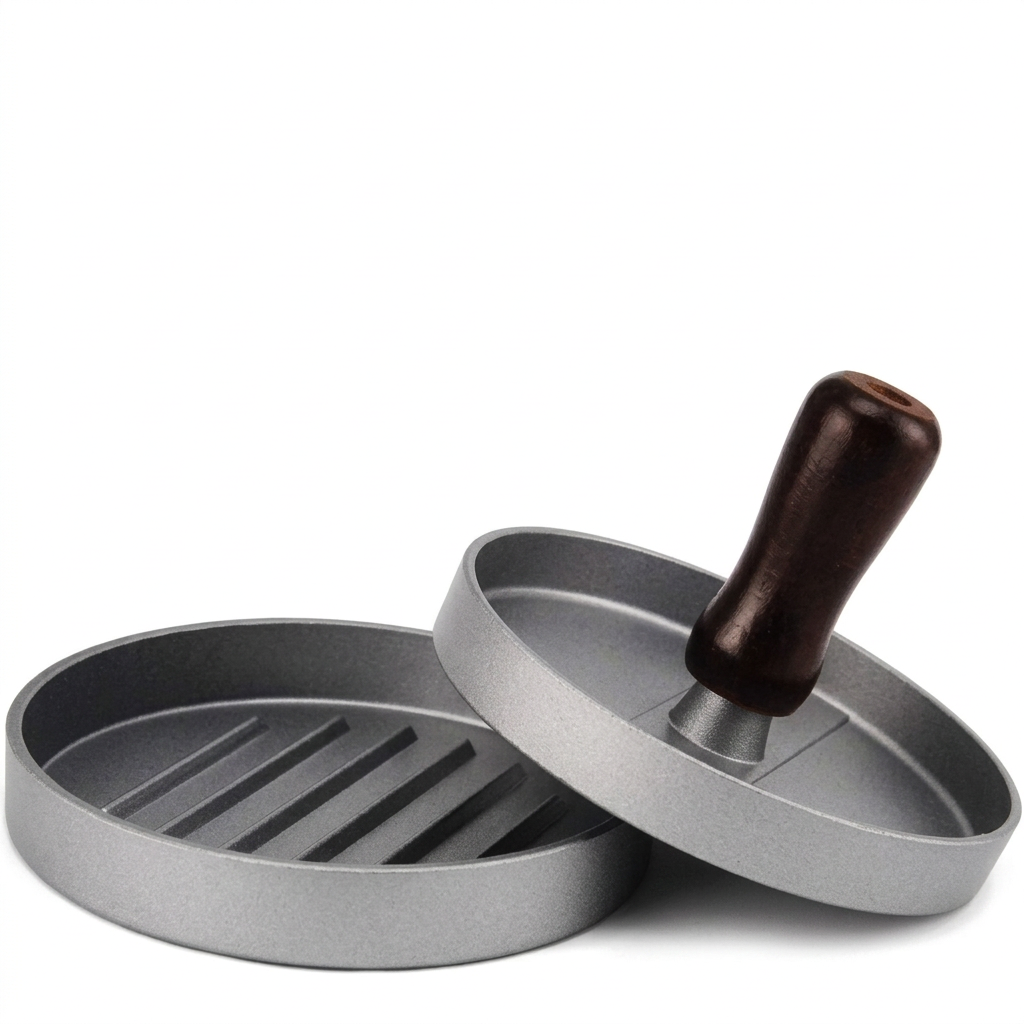 A round metal burger press with a dark brown wooden handle, shown disassembled with the top half resting on the bottom half against a white background.