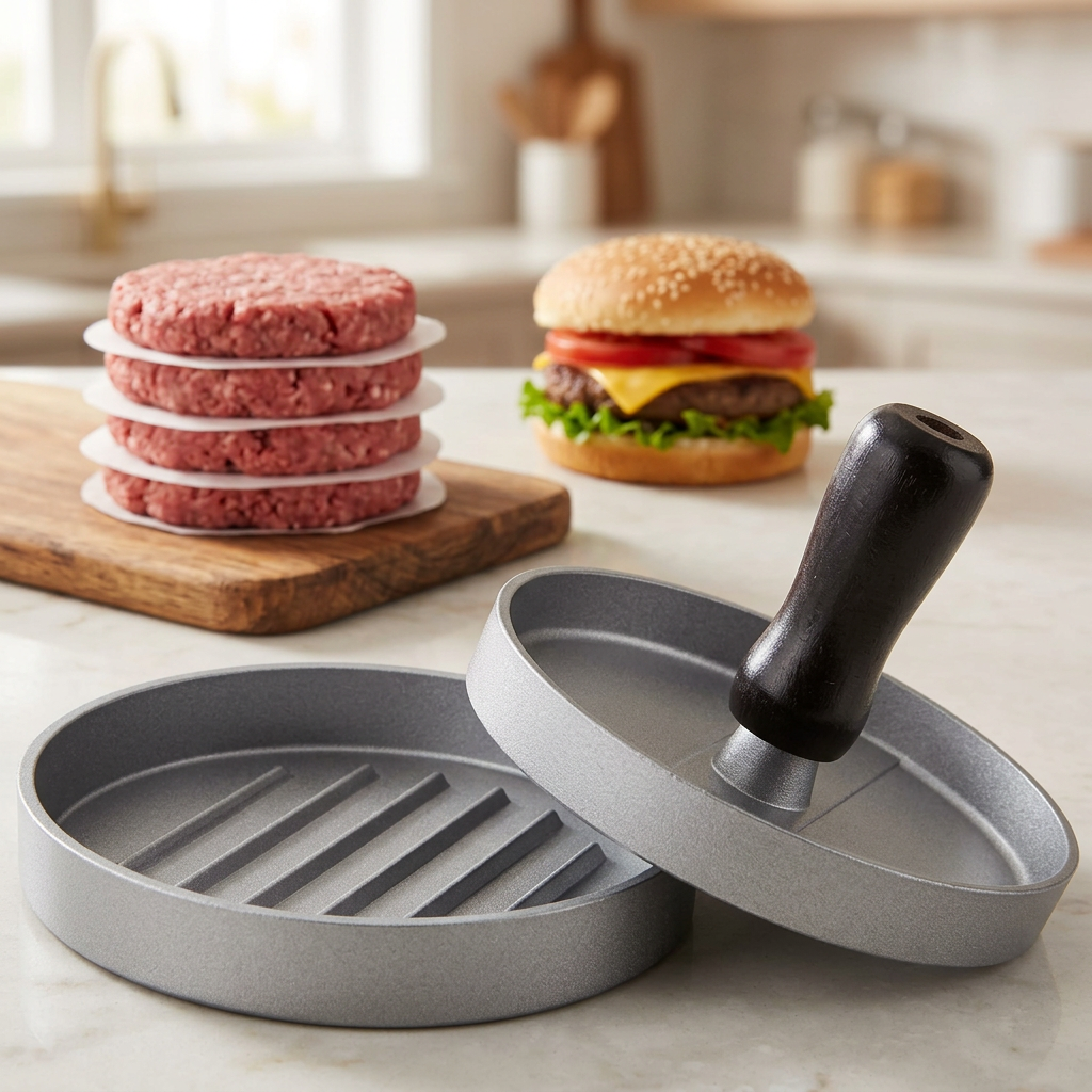 A round burger press with a black handle is shown open in the foreground on a light countertop. Two raw beef burger patties on paper liners sit on a wooden board to the left, and a prepared hamburger is blurred in the background.