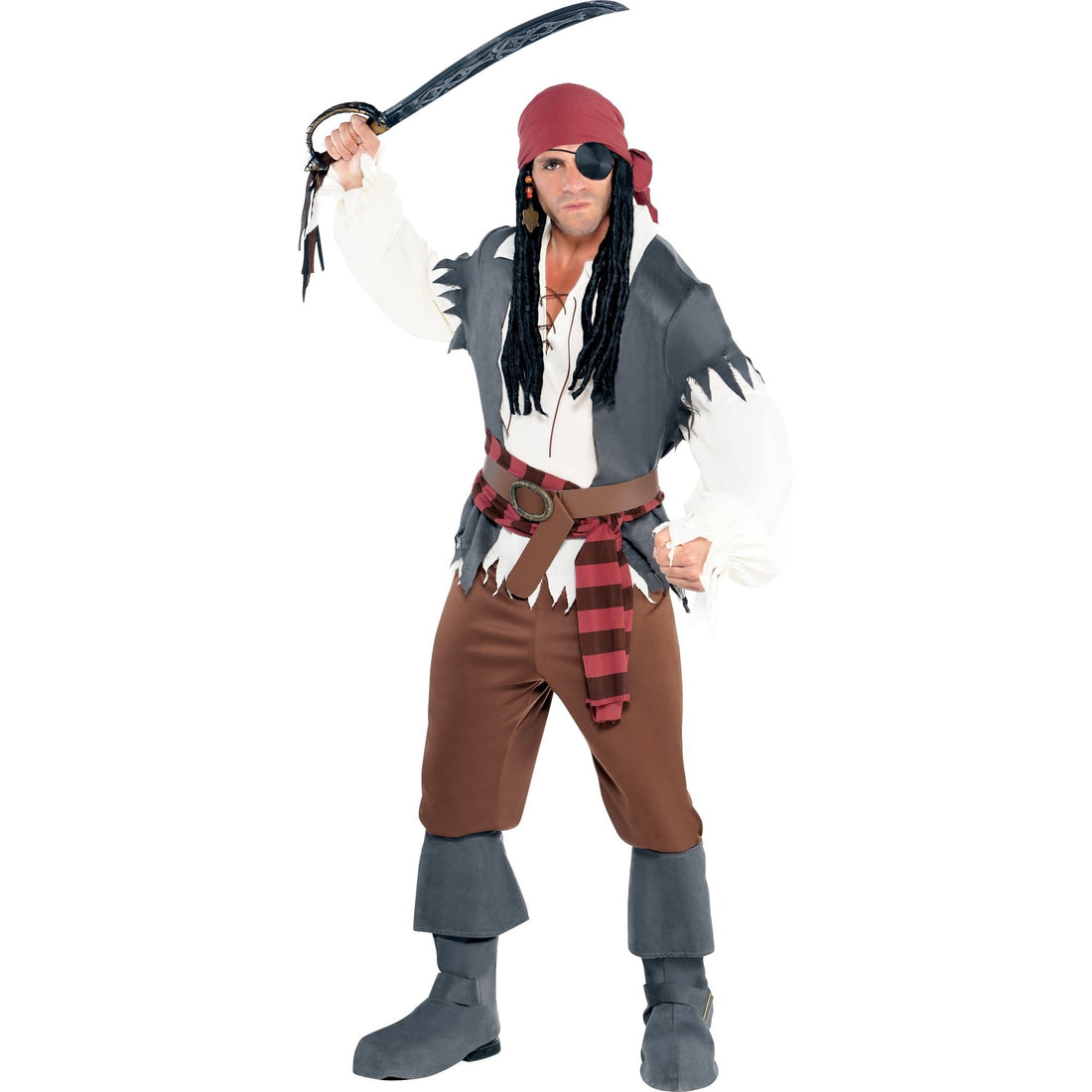 amscan 844171-55 Adults One-Eyed Pirate Costume with Headscarf and Bootcovers - Size Standard - 1 PC, Multi-Colour
