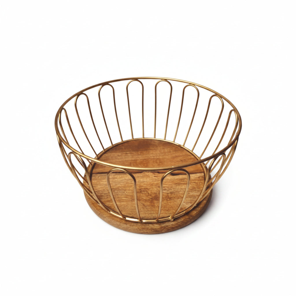 Mastercook Iron Fruit Basket With Wooden Base Round Black/Gold