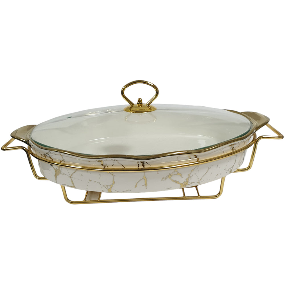 15" Oval Porcelain Casserole With Warmer Stand - White &amp; Gold Marble Effect