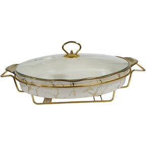 15" Oval Porcelain Casserole With Warmer Stand - White &amp; Gold Marble Effect