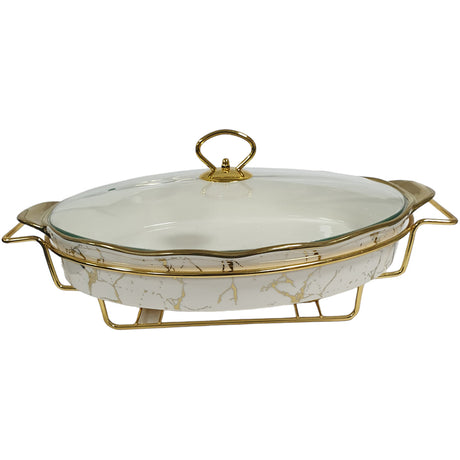 15" Oval Porcelain Casserole With Warmer Stand - White &amp; Gold Marble Effect