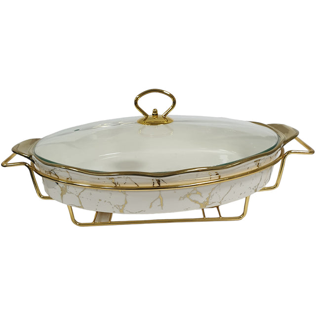 15" Oval Porcelain Casserole With Warmer Stand - White &amp; Gold Marble Effect