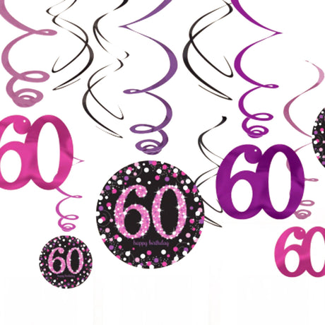 60th Birthday 12 Hanging Swirl Decorations Pink Sparkling