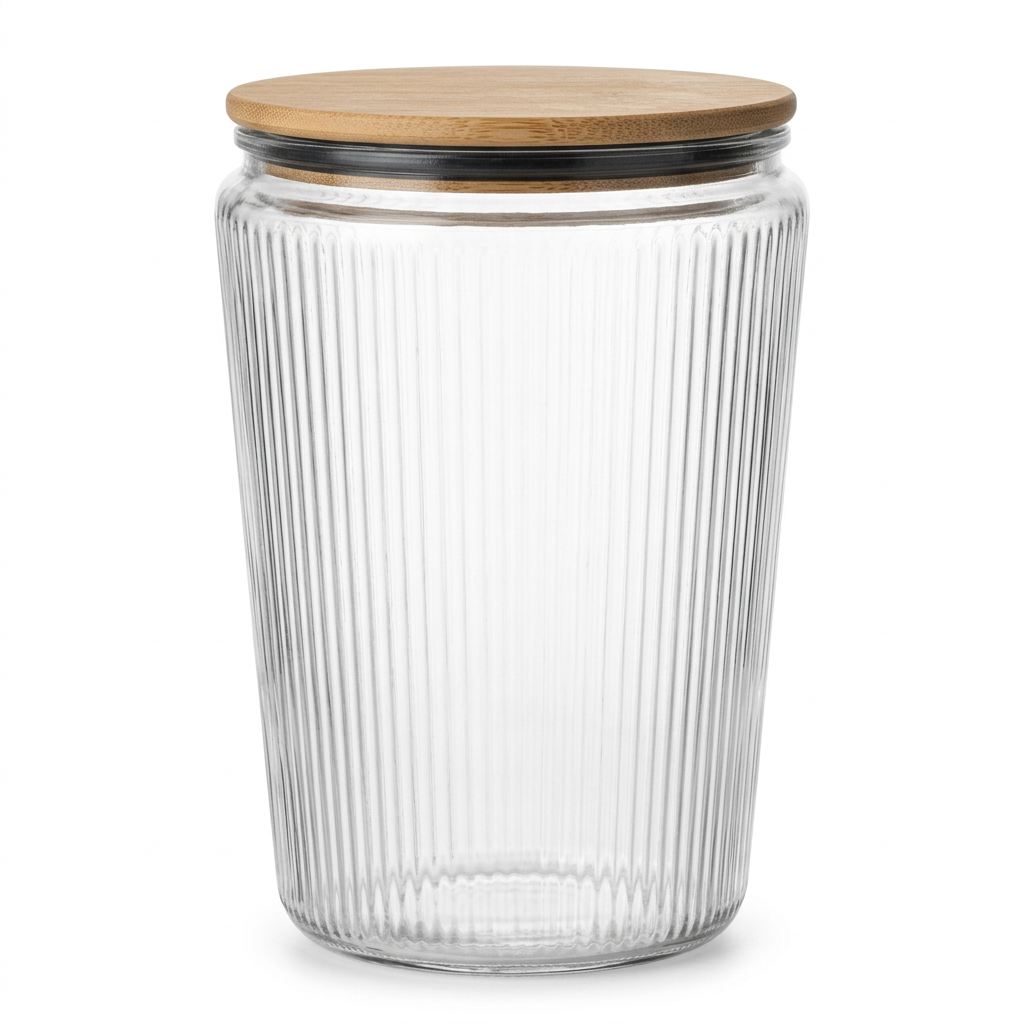 Ribbed Glass Storage Jar with Bamboo Lid 1.5L