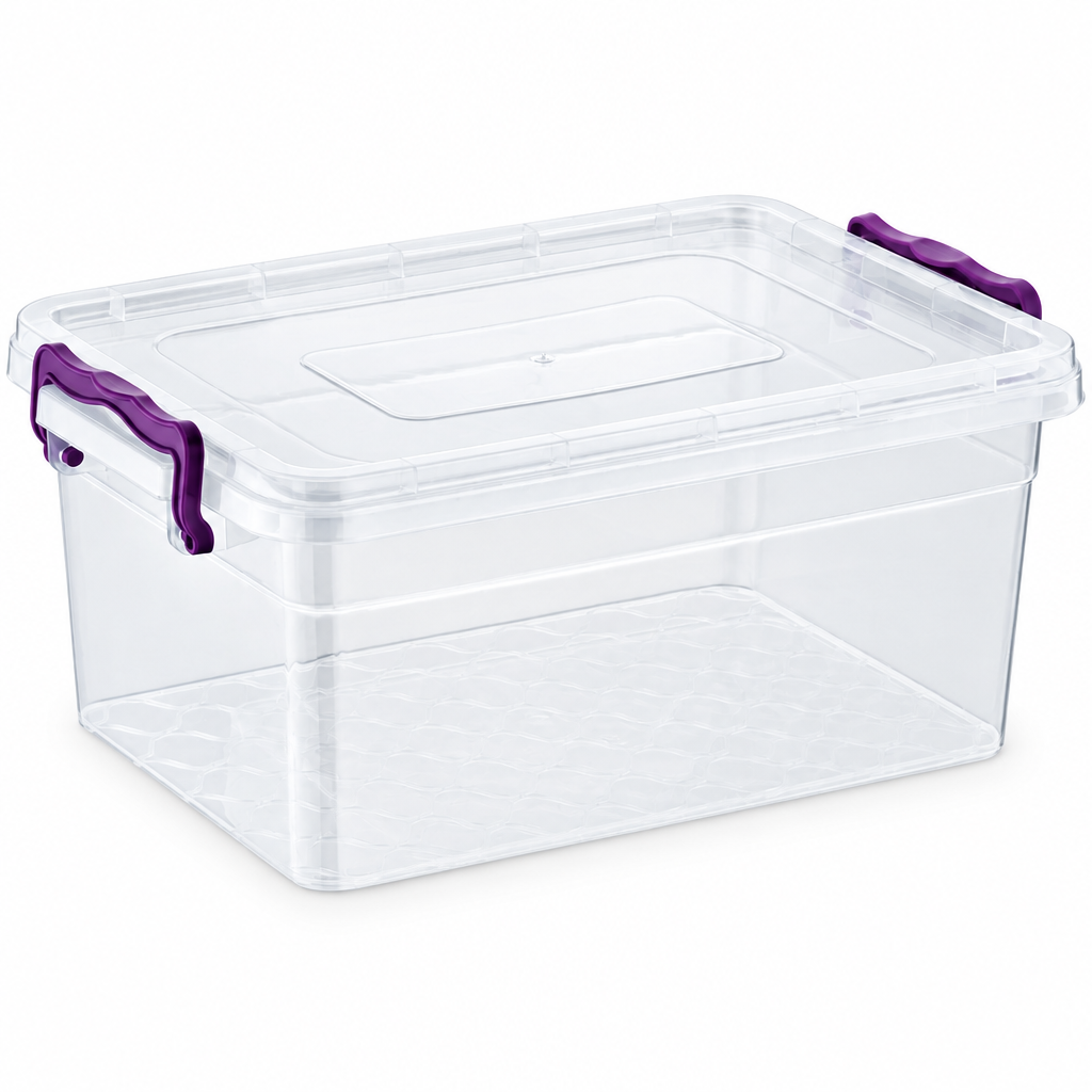 10L Clear Plastic Storage Box with Lid and Purple Locking Clips