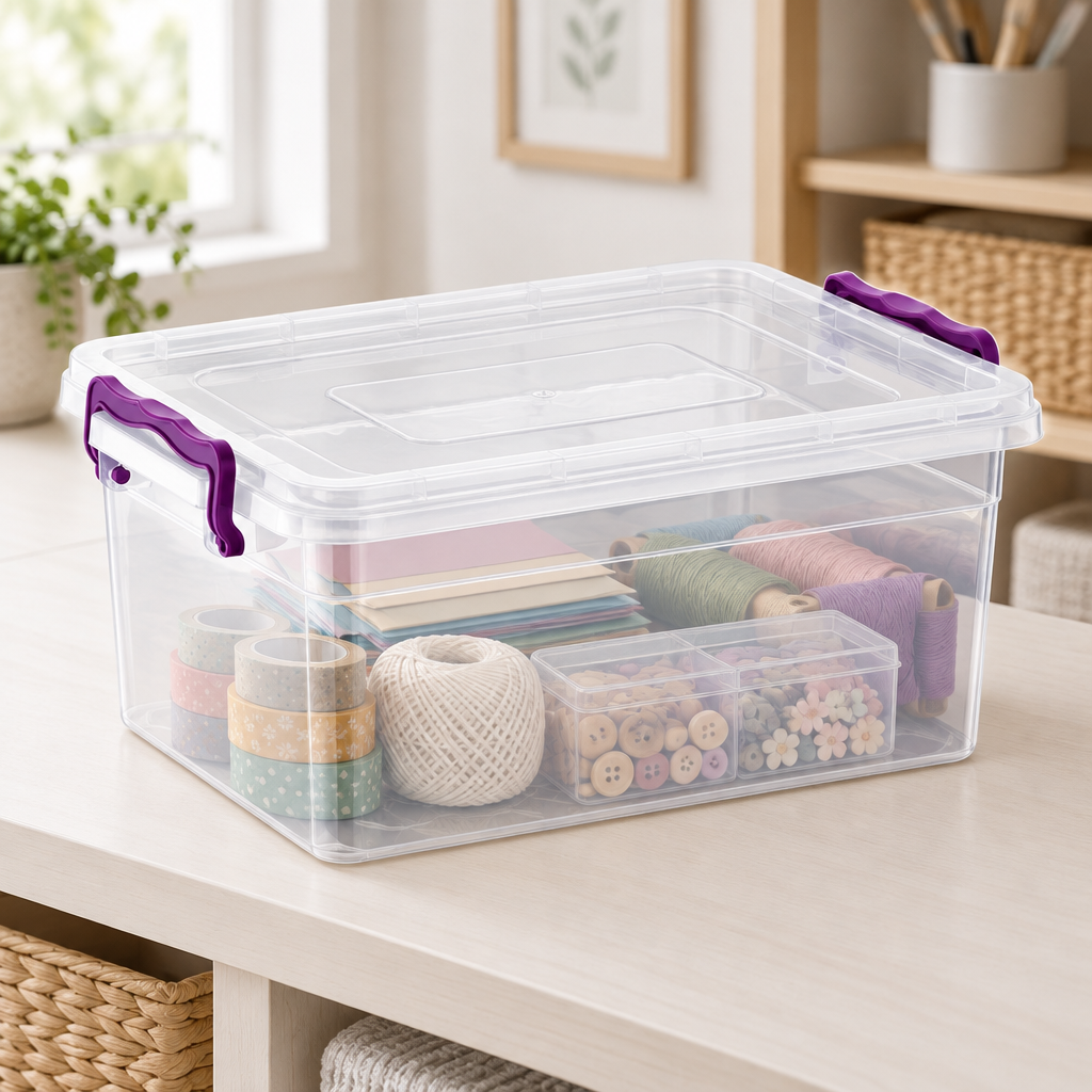 10L Clear Plastic Storage Box with Lid and Purple Locking Clips