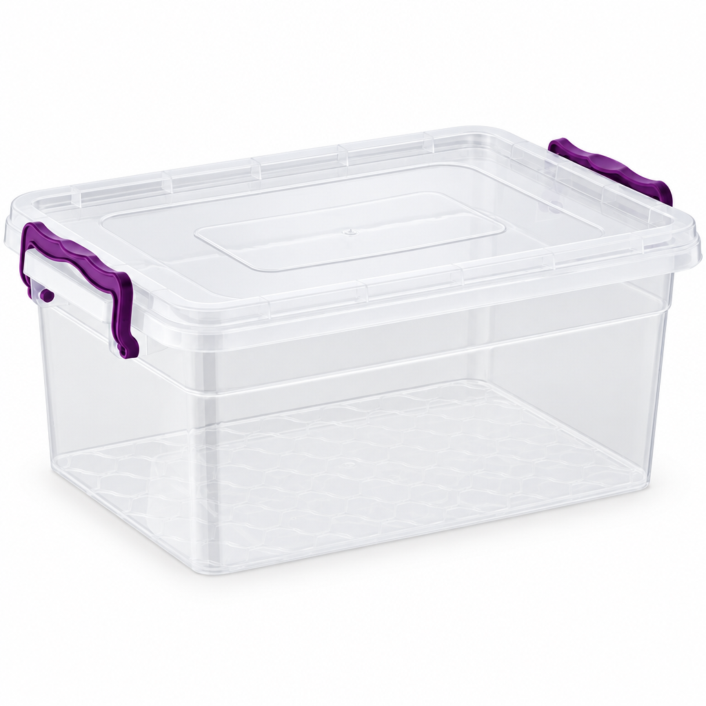 15L Clear Rectangular Storage Box with Lid & Purple Clips