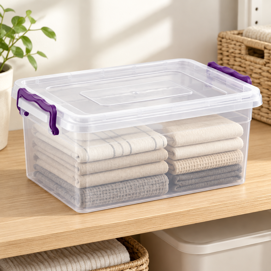 15L Clear Rectangular Storage Box with Lid & Purple Clips