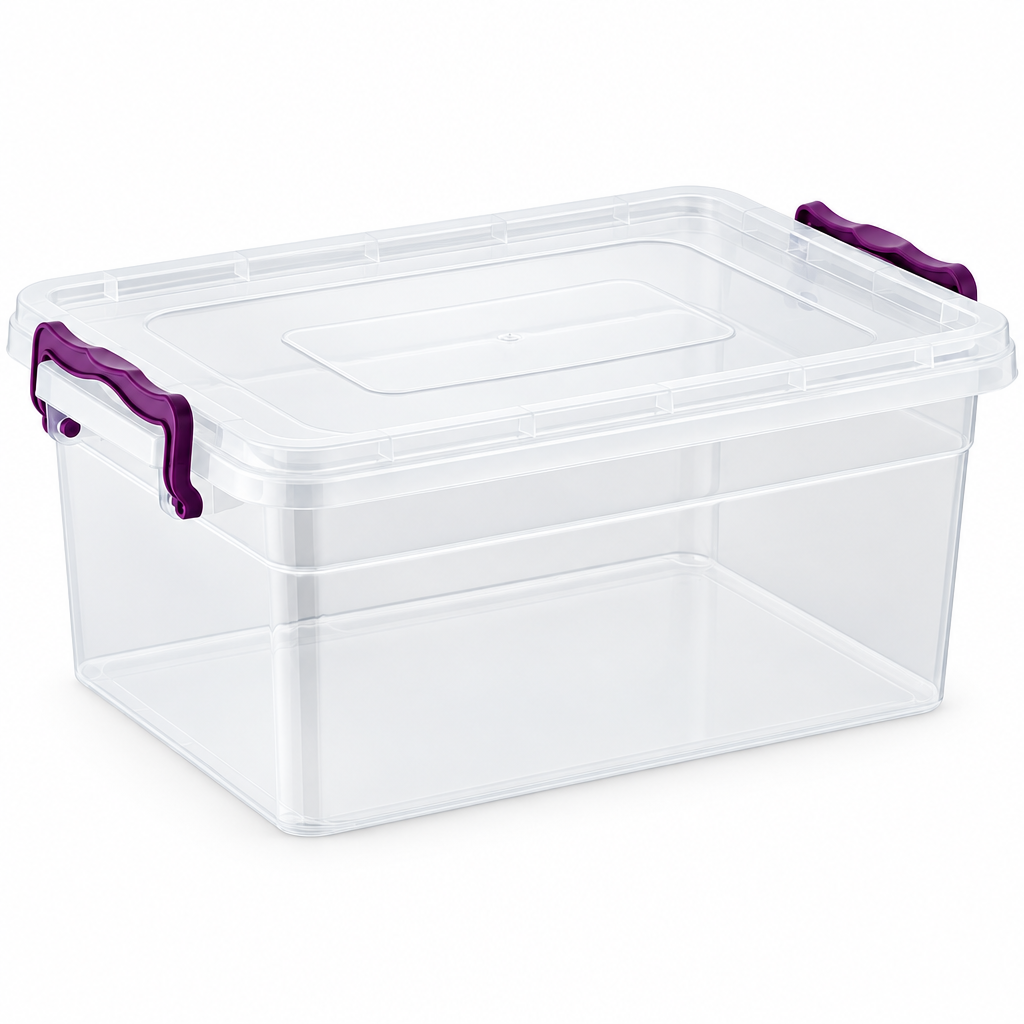20 Litre Clear Plastic Storage Box with Lid and Purple Clips