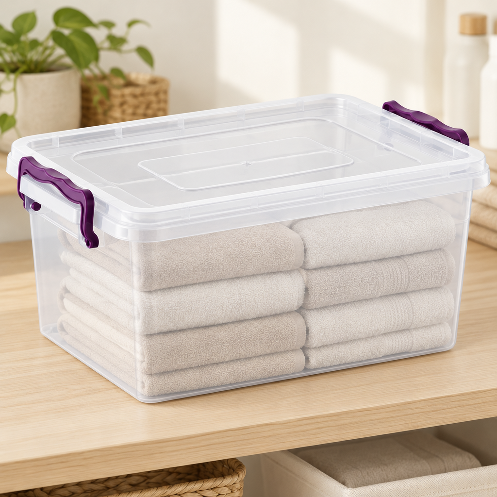 20 Litre Clear Plastic Storage Box with Lid and Purple Clips