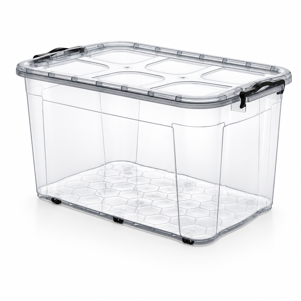 80 Litre Clear Plastic Storage Box with Lid, Clip Handles & Wheels