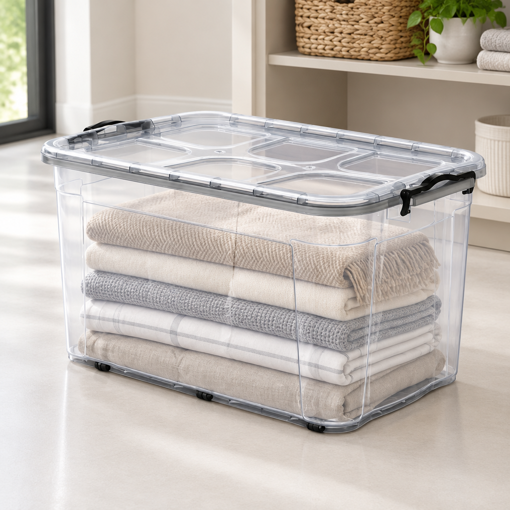 80 Litre Clear Plastic Storage Box with Lid, Clip Handles & Wheels