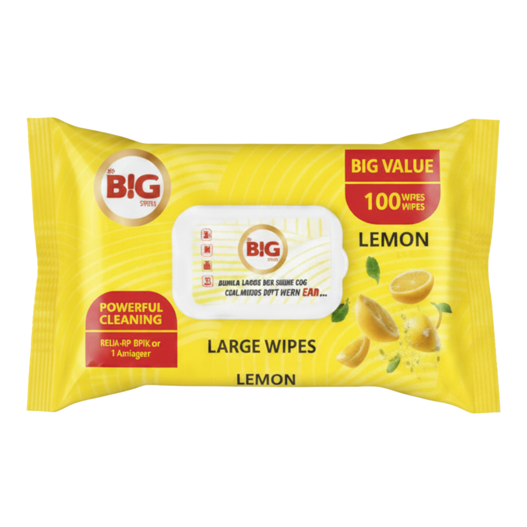 The Big Value Multi Purpose Lemon Scented Surface Cleaning Large Wet Wipes 6 x 100 Pack
