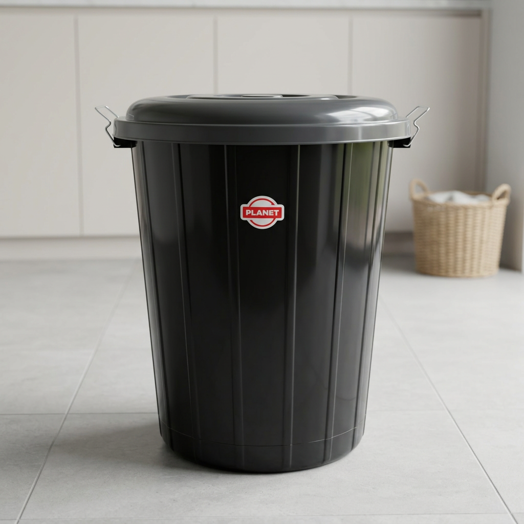 Lifestyle image of the black Planet bin in a utility room
