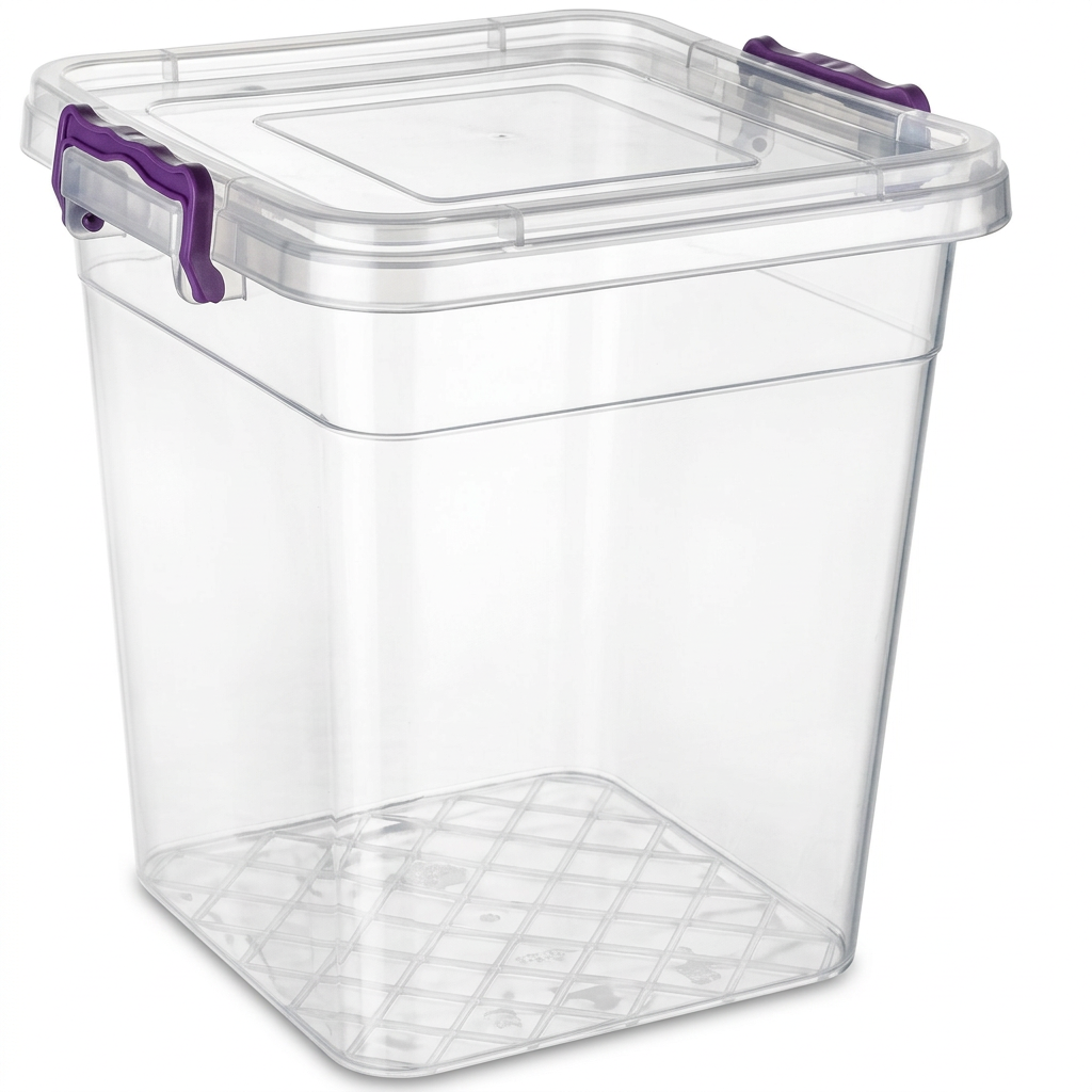 10 Litre Clear Kitchen Storage Box with Lid and Purple Clips