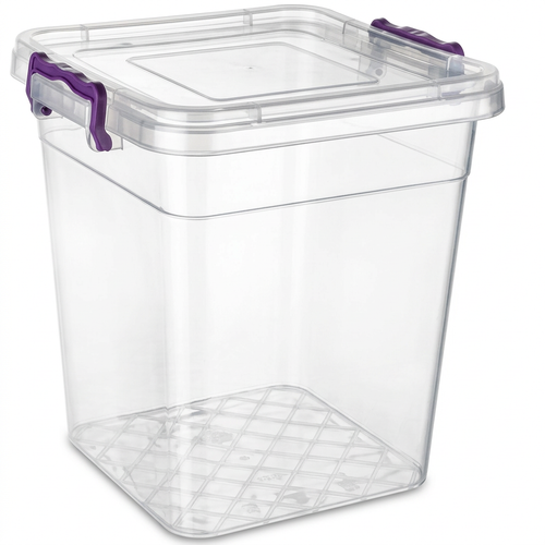 10 Litre Clear Kitchen Storage Box with Lid and Purple Clips