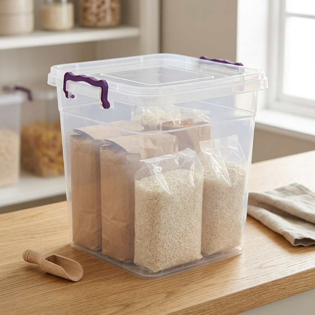 10 Litre Clear Kitchen Storage Box with Lid and Purple Clips