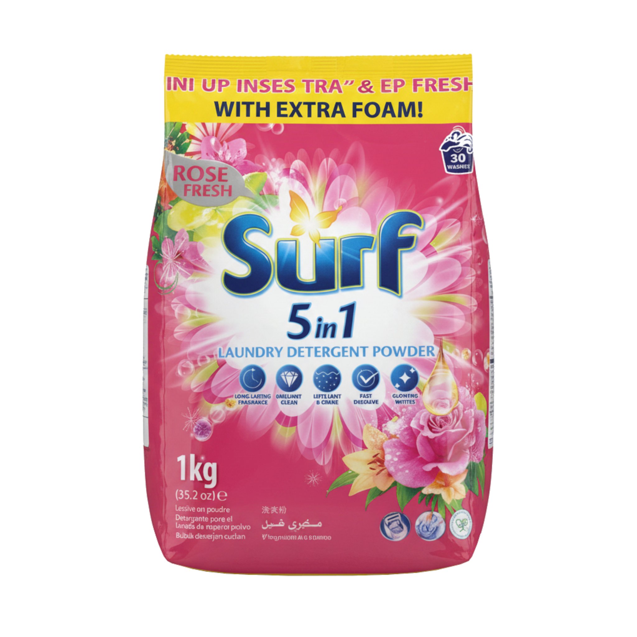 Surf 5-in-1 Laundry Detergent Powder Rose Fresh 5 x 1kg (30 Washes per Pack)