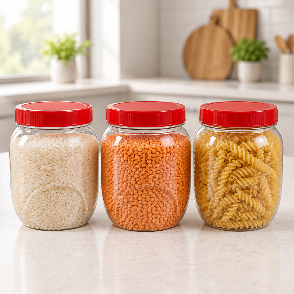 Kitchenmaster Clear PET Storage Jars with Red Lids 500ml – Set of 3