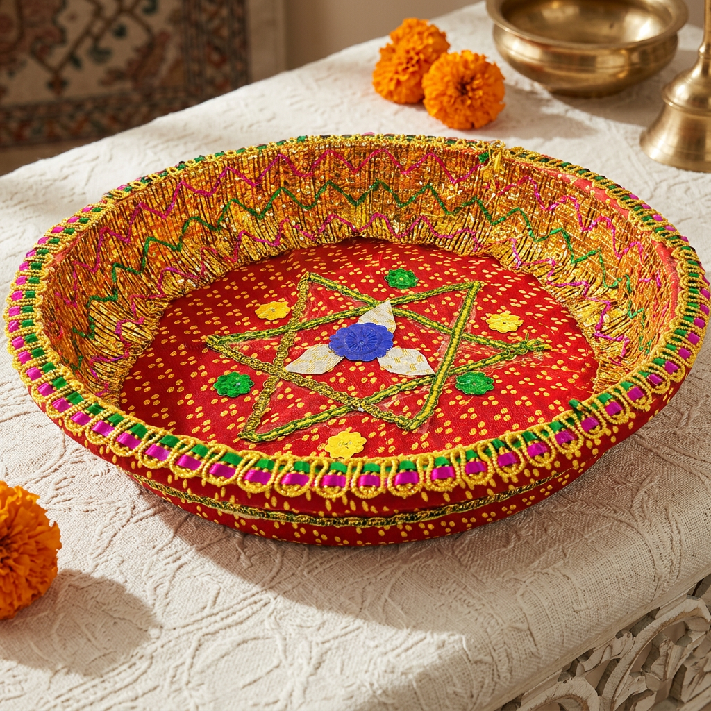 A round, hand-woven decorative tray or plate with a red base, featuring a colorful embroidered design in yellow, green, pink, and blue. The tray is placed on a white textured tablecloth with marigold flowers and brass bowls in the background.