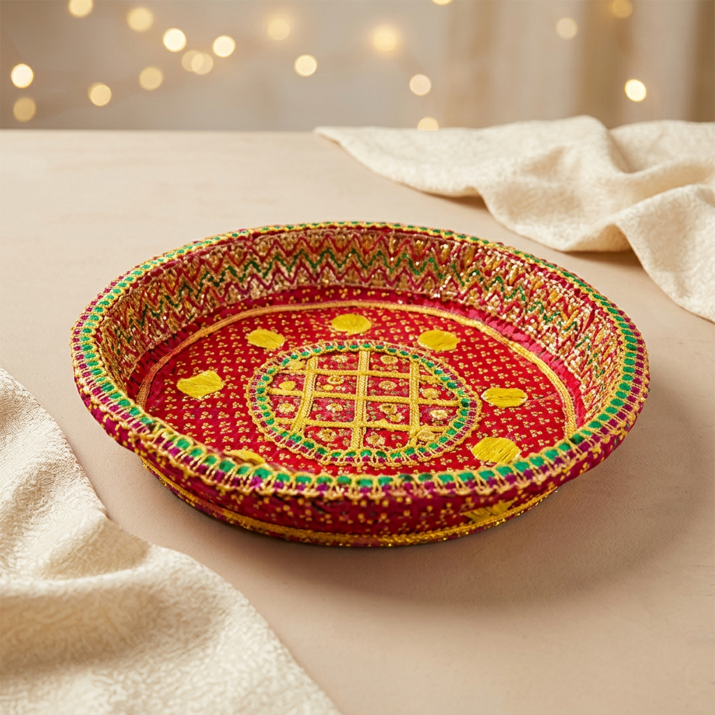 A round, handwoven decorative tray with intricate red, yellow, and green patterns, styled on a beige surface with soft white fabric and warm bokeh lights in the background.