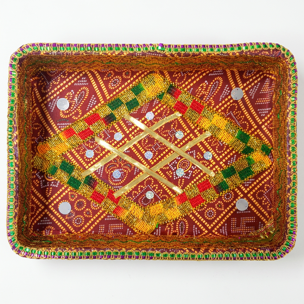 A rectangular decorative tray with a colorful embroidered pattern, featuring a central diamond motif in yellow, green, and red with gold metallic accents and small silver mirror embellishments, set against a plain white background.