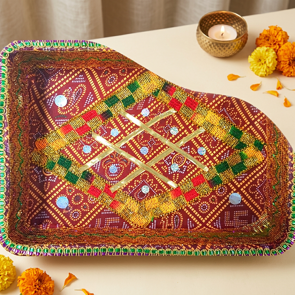 A decorative, hand-woven rectangular tray with a rich maroon and gold pattern, adorned with colorful bead borders and a central gold lattice design. The tray is styled on a light beige surface with a lit brass diya holder, marigold flowers, and scattered petals.