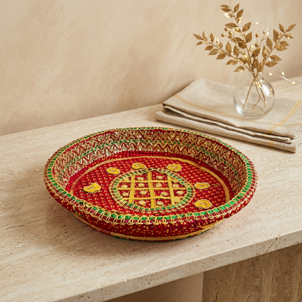 A round, hand-woven decorative tray in red, yellow, and green sits on a beige stone tabletop. The tray features intricate geometric patterns and a central motif.