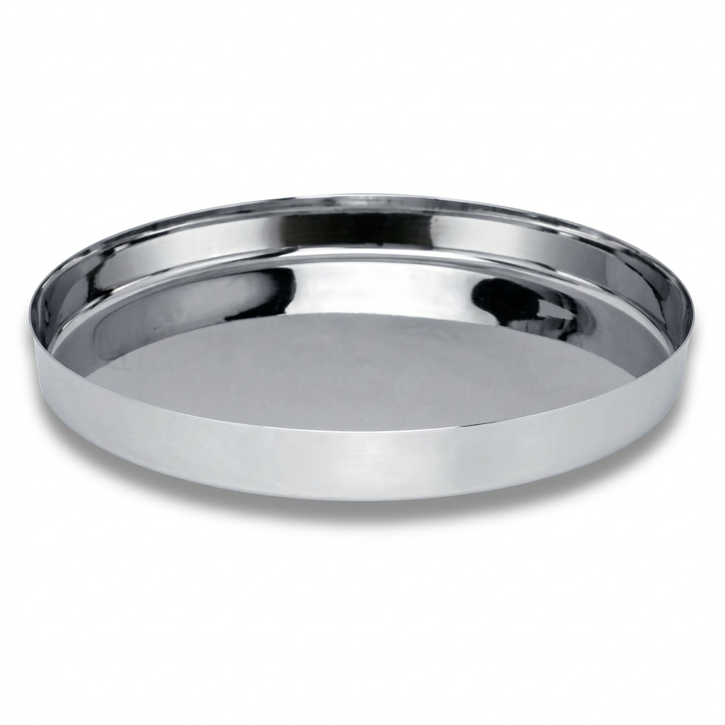 A round, polished stainless steel tray with a raised rim, shown on a clean white background.
