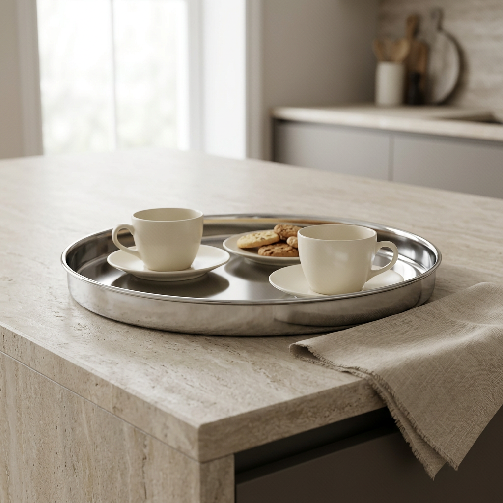 A round stainless steel serving tray on a light stone kitchen island, holding two white ceramic cups with saucers and a small plate of cookies, with a beige cloth draped over the side.