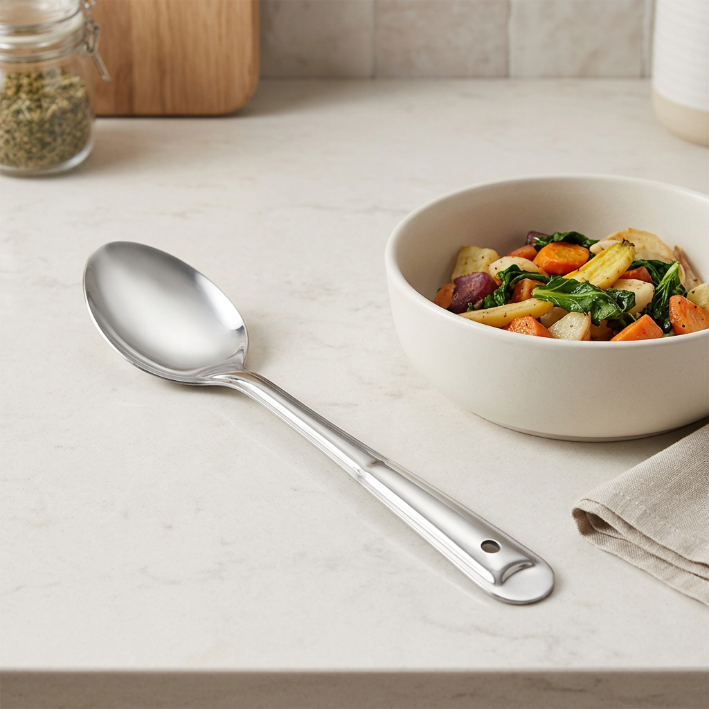A polished stainless steel serving spoon with a long handle and a small circular cutout near the end, resting on a light beige marble countertop next to a bowl of mixed vegetables.