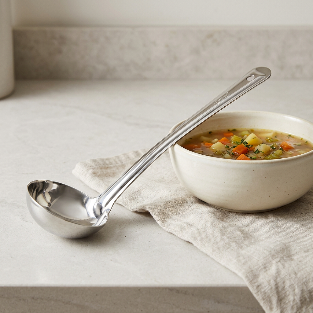 A stainless steel soup ladle with a hanging loop handle rests beside a ceramic bowl of vegetable soup on a beige cloth over a light stone countertop.