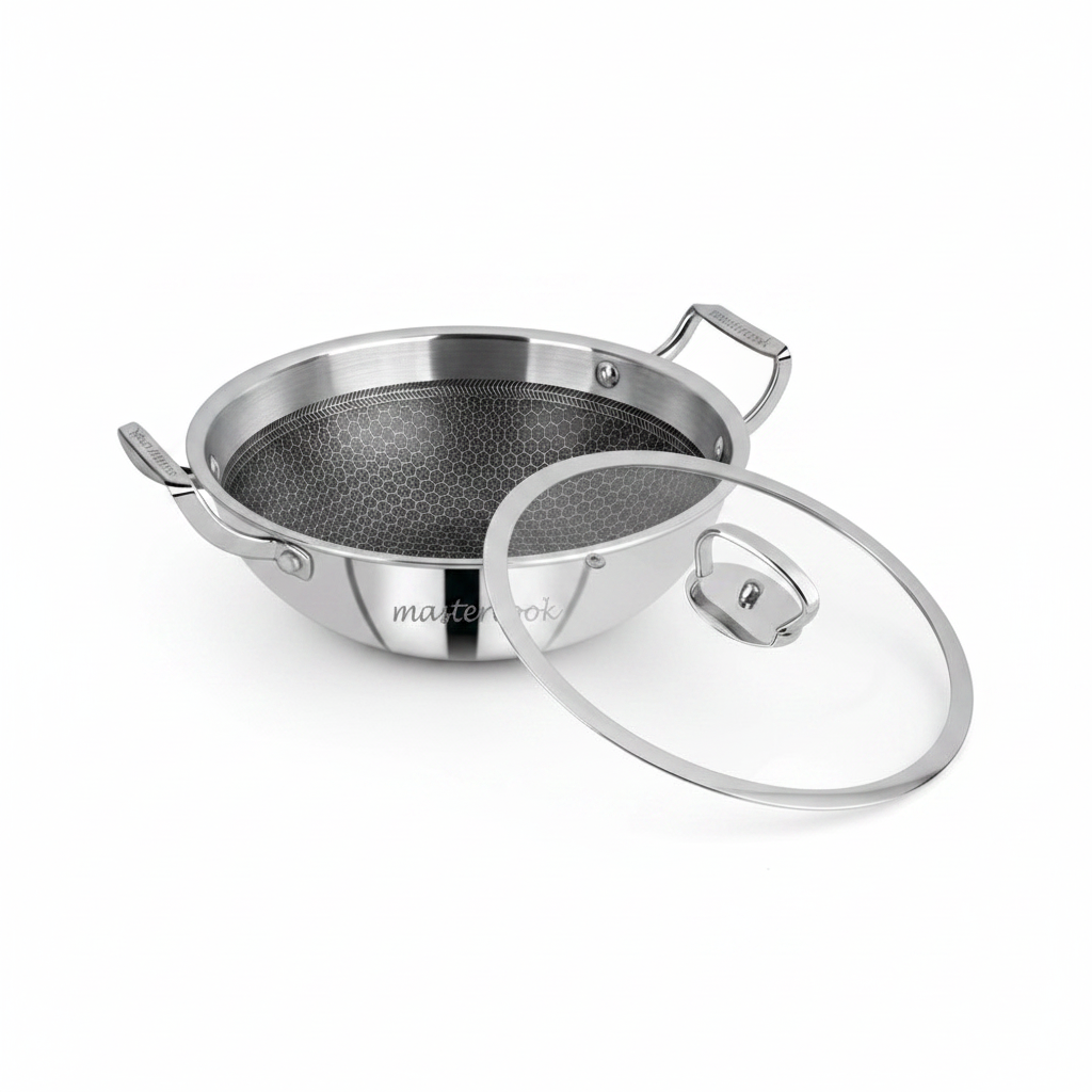 Mastercook 22cm Triply Honeycomb Karai with Glass Lid