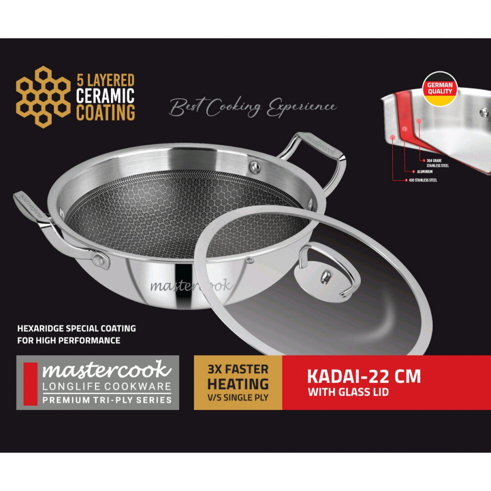 Mastercook Triply Honeycomb Karai With Glass Lid 22cm