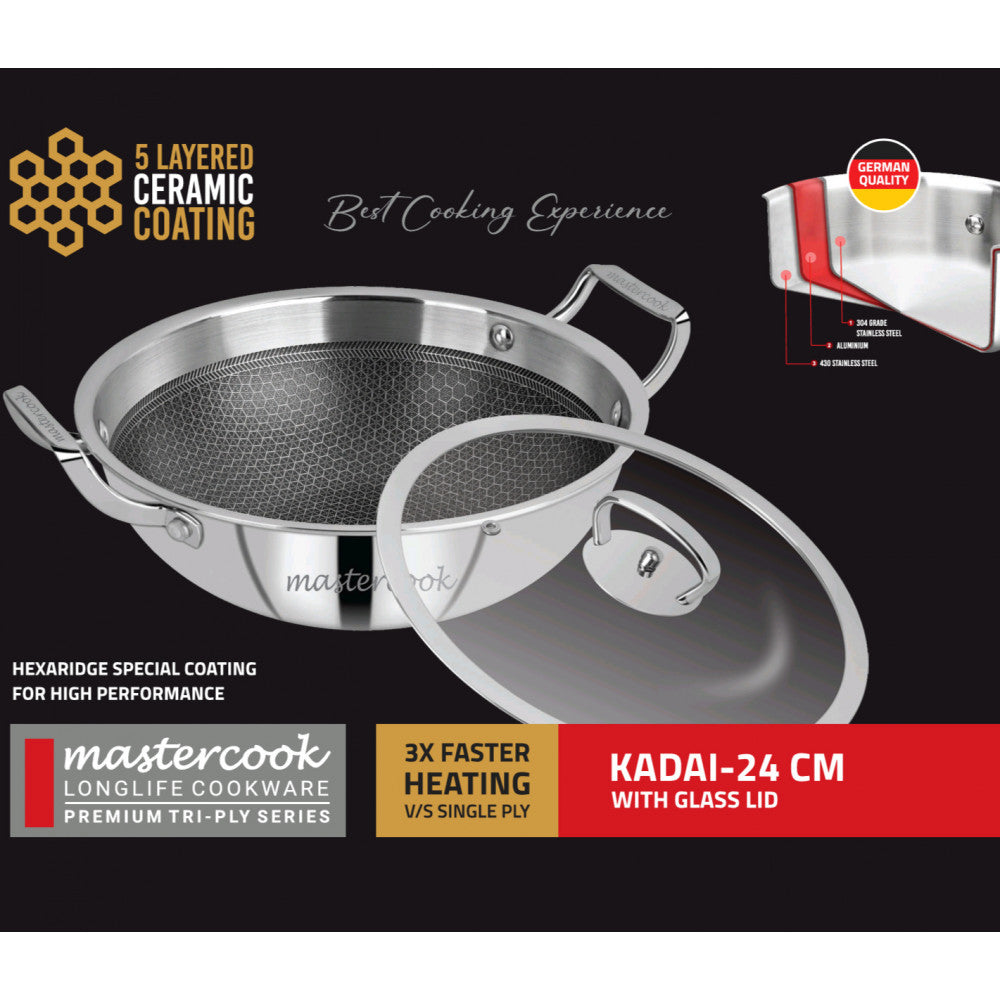 Mastercook Triply Honeycomb Karai With Glass Lid 24cm