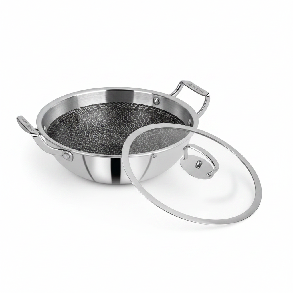 Mastercook 24cm Triply Honeycomb Karai with Glass Lid