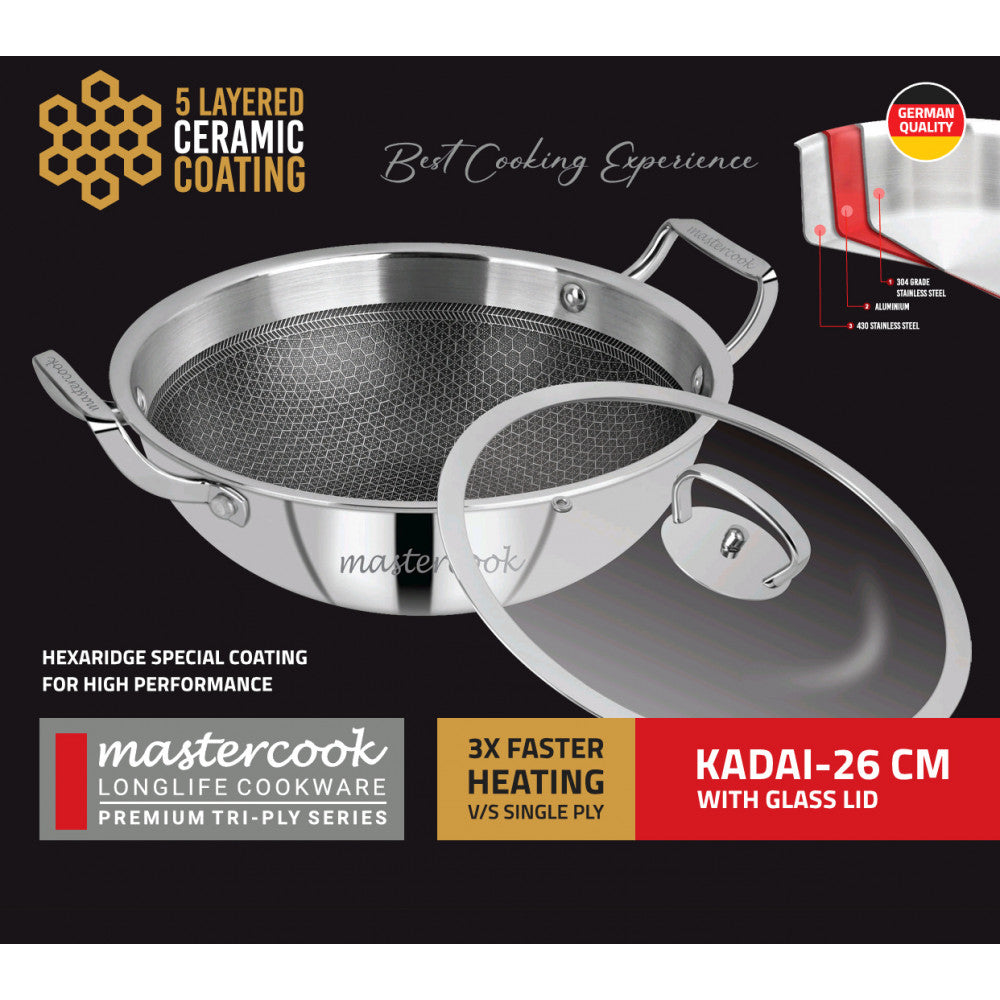 Mastercook Triply Honeycomb Karai With Glass Lid 26cm