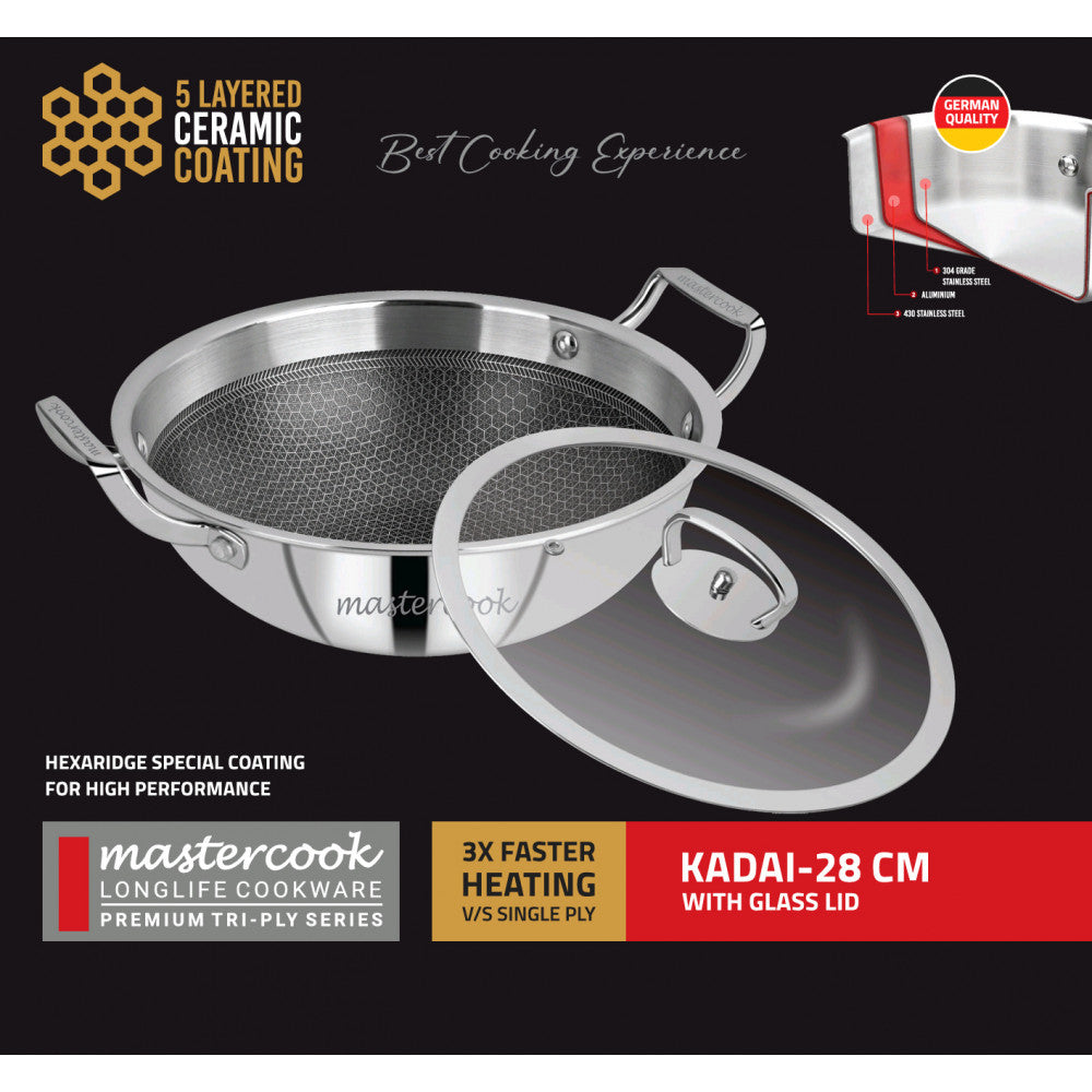 Mastercook Triply Honeycomb Karai With Glass Lid 28cm