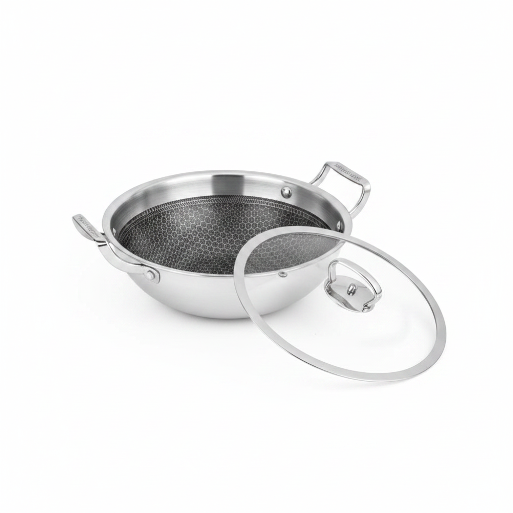 Mastercook 28cm Triply Honeycomb Karai with Glass Lid