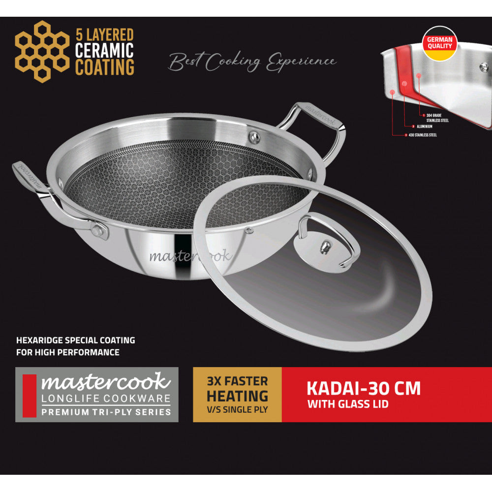 Mastercook Triply Honeycomb Karai With Glass Lid 30cm