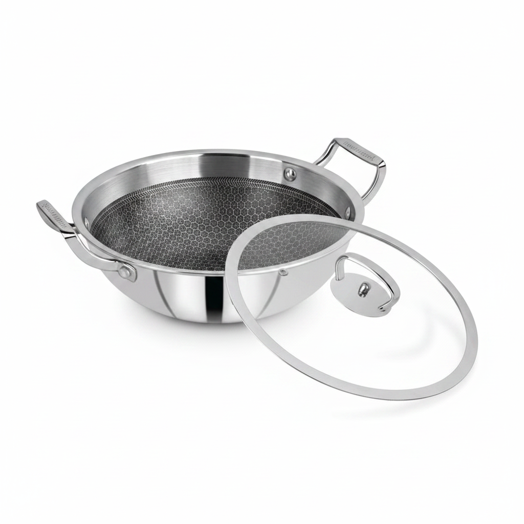 Mastercook 30cm Triply Honeycomb Karai with Glass Lid