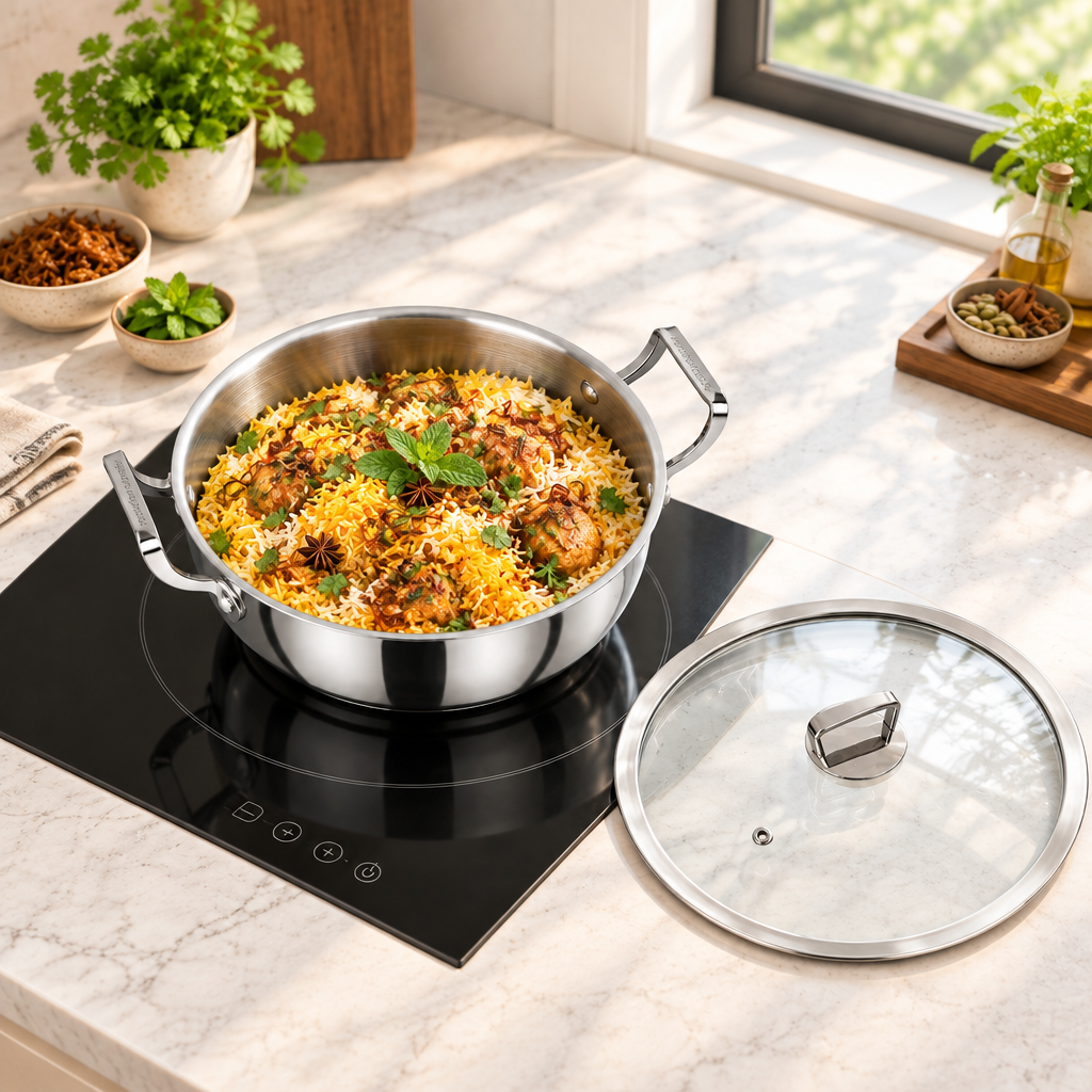 Biryani pot on an induction hob with the full glass lid beside it